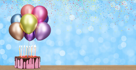 Aufkleber - Birthday cake with bunch of colorful balloons on blurred blue or green background. Empty space for text. 3d rendering