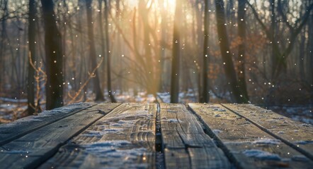 Wall Mural - Wooden Table Winter. Natural Wooden Table in Forest Setting with Winter Snow