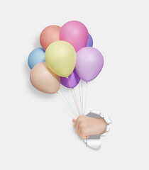 Aufkleber - Childrens hand holding colorful matte balloons through the hole in white paper