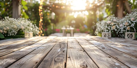 Poster - White wooden table top with blur background of wedding garden illustration