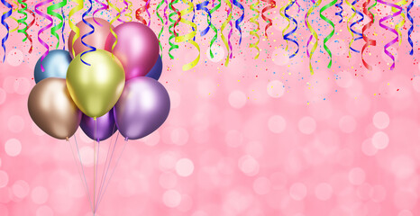 Aufkleber - Bunch of colorful balloons on blurred pink background with different colored confetti and streamers for party time. Empty space for text. 3d rendering