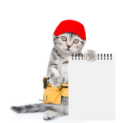 Poster - Funny cat wearing red cap and toolbelt shows blank notepad.  Isolated on white background
