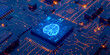 Renderizado 3D de un chip con símbolo de cerebro brillante sobre fondo de placa de circuito, concepto de tecnología IA. Texto 