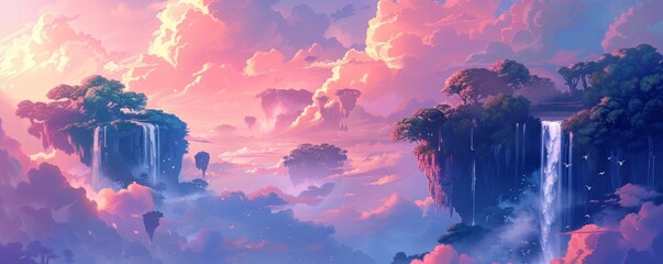 Wall Mural - A surreal dreamscape where floating islands drift lazily amidst a pastel-colored sky, their verdant forests and cascading waterfalls creating a tranquil oasis in the clouds.   illustration.