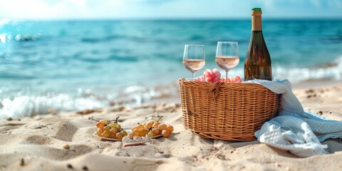 Wall Mural - Blanket with picnic basket, bottle of wine and glasses on sandy beach near sea, space for text illustration