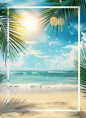 Summer background with sun, palm, sea and beach elements.