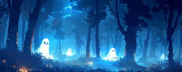 Poster - A paranormal scene set in a haunted forest, with eerie lights flickering between the trees and ghostly figures lingering in the shadows.   illustration.