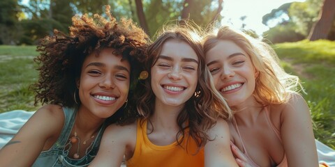 Wall Mural - Group of happy diverse three female friends sitting together on blanket over the green grass enjoying at picnic taking selfie on smartphone in the park illustration