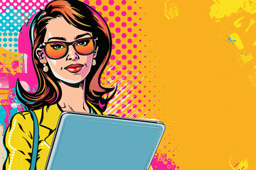 Wall Mural - Pop art style woman with glasses holding a laptop against a colorful background