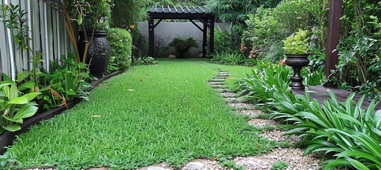 Wall Mural - Morning elegance  luxurious outdoor garden with teak wood deck and black pergola