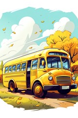 Back to school bus flat design side view safe transport theme cartoon drawing Monochromatic Color Scheme