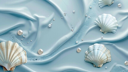 Wall Mural - Beautiful white seashells and pearl beads lie on a silk blue fabric