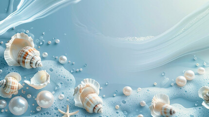 delicate blue background with seashells and starfish with space for text