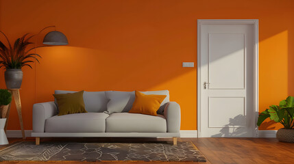 Poster - Orange living room and orange wall background light grey sofa and avangard white door Modern home decoration brown parquet and carpet design : Generative AI