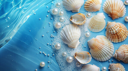 Wall Mural - Beautiful elegant delightful background with white seashells, mother of pearl beads and sea foam