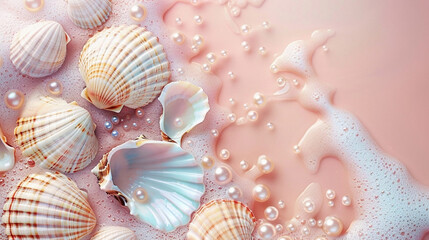 Wall Mural - Beautiful delicate elegant pink background with shells and small beads