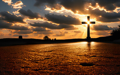 Wall Mural - Jesus Christ cross, Christian cross on a background of dramatic sky