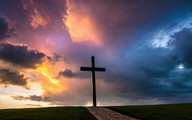 Wall Mural - Jesus Christ cross, Christian cross on a background of dramatic sky