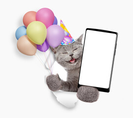 Aufkleber - Happy kitten wearing party cap holds bunch of balloons, blows in party horn and shows smartphone with white blank screen in it paw through torn white paper hole. Empty free space for mock up, banner