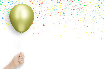 Poster - Female hand holds golden balloon on yellow background with confetti. Empty space for text