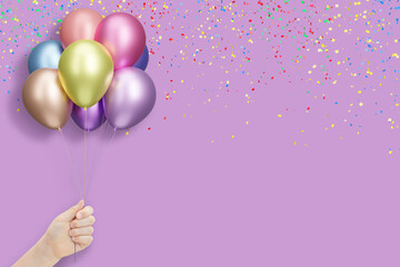 Poster - Female hand holding bunch of shiny colorful balloons on violet background with confetti. Empty space for text