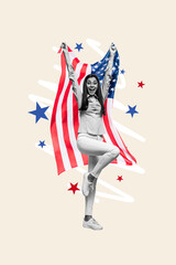 Poster - Composite collage image of funny female hold flag national independence america day fourth july concept fantasy billboard comics zine