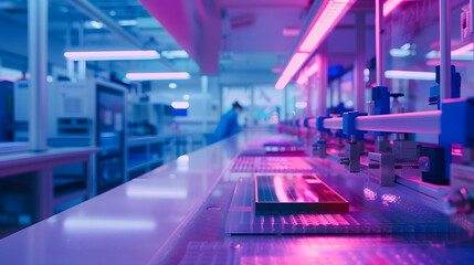 Leinwandbilder - Wide shot of Bright Advanced Semiconductor Production Fab Cleanroom with Working Overhead Wafer Transfer System Computer Chip Manufacturing Process : Generative AI