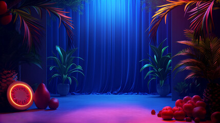 Wall Mural - Tropical stage with blue curtains and neon-lit fruits and plants. Generative AI	