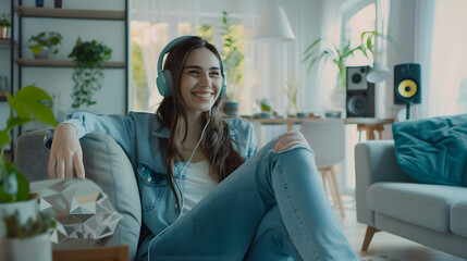 Poster - Caucasian beautiful woman smiling at home in headphones  Short brunette hair young girl wearing blue jeans listen music at home Use technology lifestyle concept : Generative AI