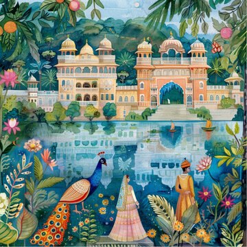 
An Indian wedding illustration with the bride and groom in traditional attire, surrounded by lush gardens and peacocks on an ornate archway overlooking