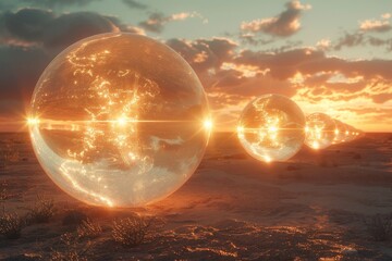 Wall Mural - three large, glowing spheres in a desert landscape