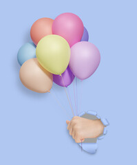 Aufkleber - Childrens hand holding colorful matte balloons through the hole in blue paper