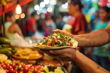 A vibrant Mexican street market scene with a focus on a vendor handing over a freshly made taco