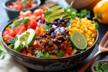 A vibrant taco salad bowl with deconstructed taco ingredients, colorful and fresh