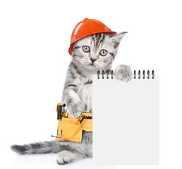 Poster - Funny cat wearing hardhat and toolbelt shows blank notepad.  Isolated on white background