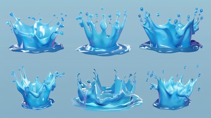 Poster - The water splash set consists of a liquid in the shape of a crown and dynamic motion elements with spray droplets isolated on a transparent background. Realistic modern illustration, clip art.