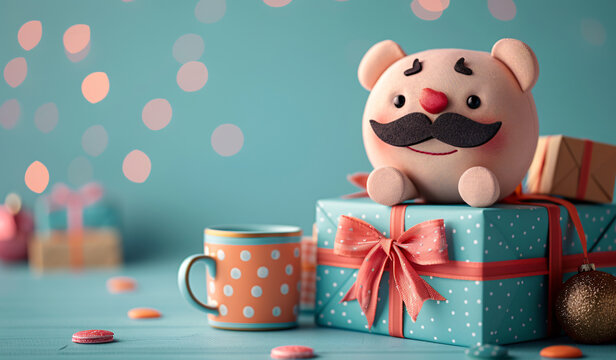 Father's Day celebration background adorned with a gift box mug calendar mustache heart shape

