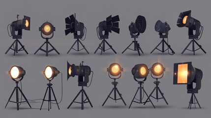 Wall Mural - A modern realistic set of glowing flood lights for illuminating a stage, podium or illumination show. Black spot lamps with a gray background.