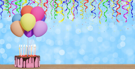 Aufkleber - Birthday cake with bunch of colorful balloons on blurred blue background. Empty space for text. 3d rendering