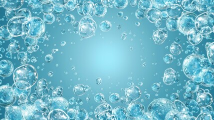 Poster - 3d Modern Illustration of air bubbles, fizzing water, soda drink frame design on transparent background. Dynamic aqua motion, fizzing underwater, realistic blue 3D modern illustration.