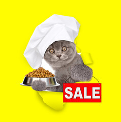 Poster - Cat wearing chef's hat looking through the hole in yellow paper and holding bowl of dry pets food