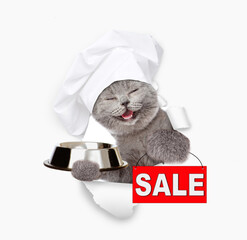 Poster - Happy kitten wearing chef's hat looking through the hole in white paper and holding empty bowl and holding signboard with labeled 