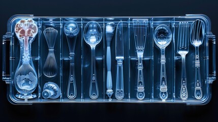 Sticker - X-ray scan of a set of kitchen utensils, showcasing the handles and metal components.