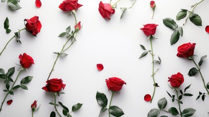 Sticker - Red roses on a white background with copy space flat lay style top view