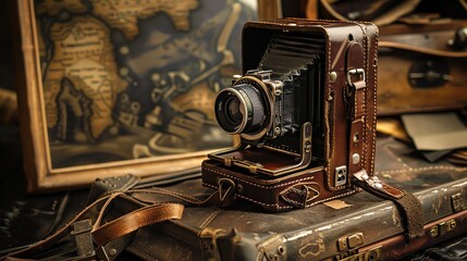 This image is of a vintage camera. It has a brown leather body and a black lens. The camera is sitting on a stack of old books and maps.