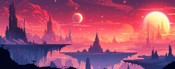 Wall Mural - An alien landscape of towering spires and floating platforms, where strange creatures and alien flora thrive in the harsh environment.   illustration.