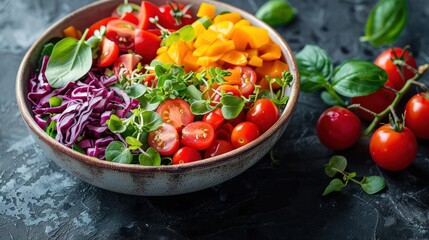 Wall Mural - Fresh salad bowl with colorful ingredients Suitable for healthy eating campaigns. There is a blank space for copying on the top of the bowl.