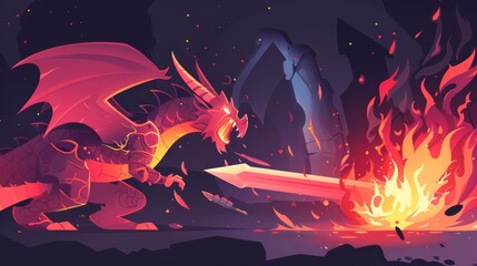 Wall Mural - The dragon attacks the knight in cartoon form, the medieval warrior is armed with a sword and shield, and the magic character breathes fire while fighting the knight with sword and shield. This is an