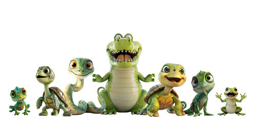 Wall Mural - Group of 3D cute happy cartoon reptile Crocodile, turtle, snake, chameleon, isolated on white background, png