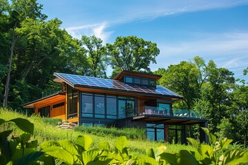 Sticker - modern home with solar panels on the roof, surrounded by lush green trees and clear blue skies